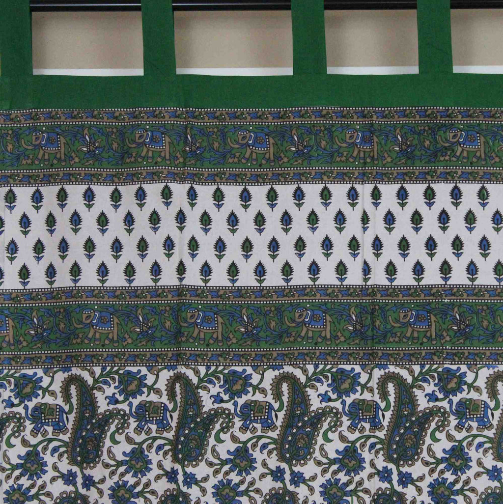 Handmade Paisley Elephant 100% Cotton Tab Top Curtain Drape Panel Green 44x88 - Sweet Us