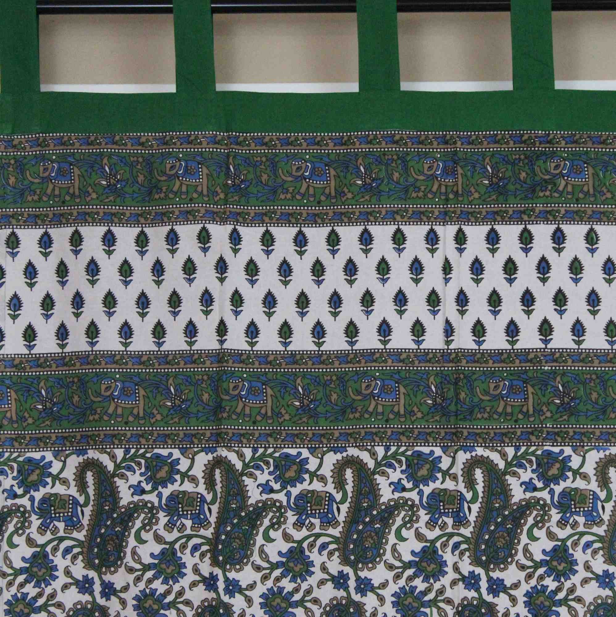 Handmade Paisley Elephant 100% Cotton Tab Top Curtain Drape Panel Green 44x88 - Sweet Us
