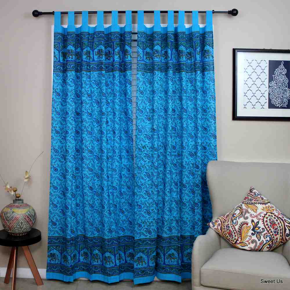 Floral Paisley Elephant Curtain Drape Blue 44x88 Cotton Kitchen Panel