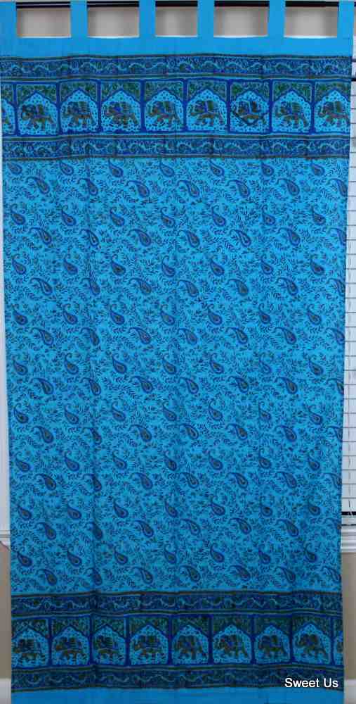 Floral Paisley Elephant Curtain Drape Blue 44x88 Cotton Kitchen Panel