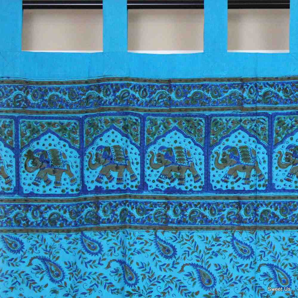 Floral Paisley Elephant Curtain Drape Blue 44x88 Cotton Kitchen Panel