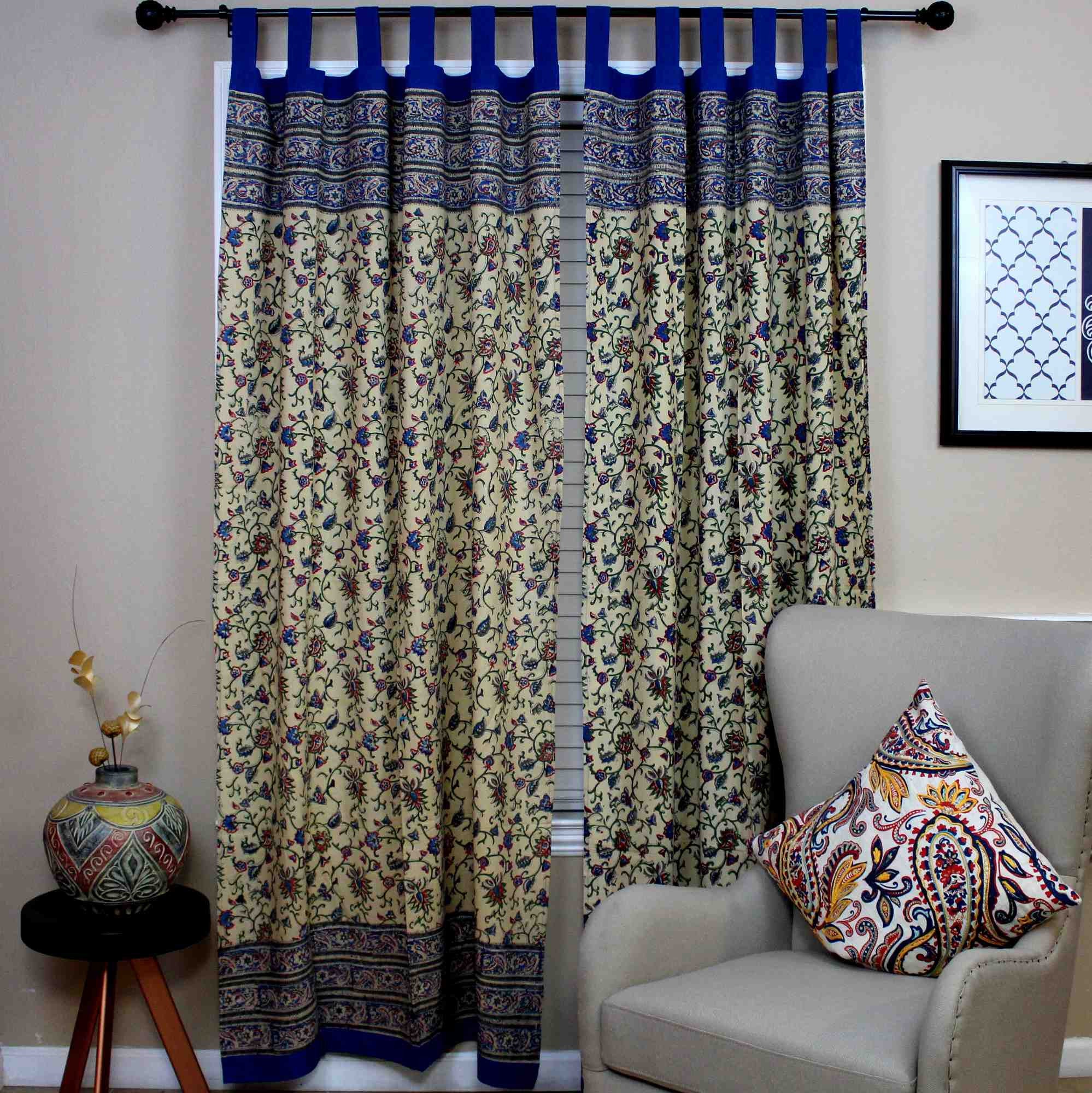 Handmade Paisley Floral Vine 100% Cotton Tab Top Curtain Drape Panel Blue 44x88 - Sweet Us