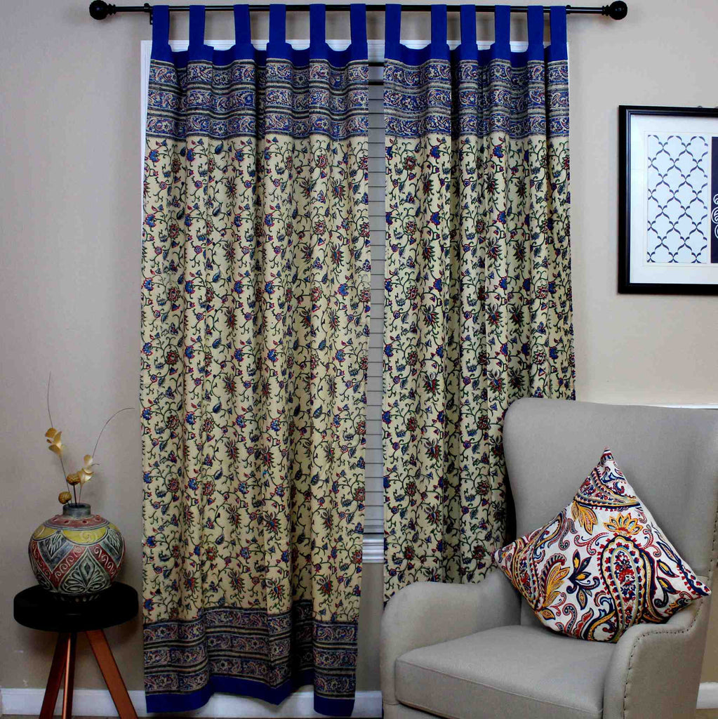 Handmade Paisley Floral Vine 100% Cotton Tab Top Curtain Drape Panel Blue 44x88 - Sweet Us