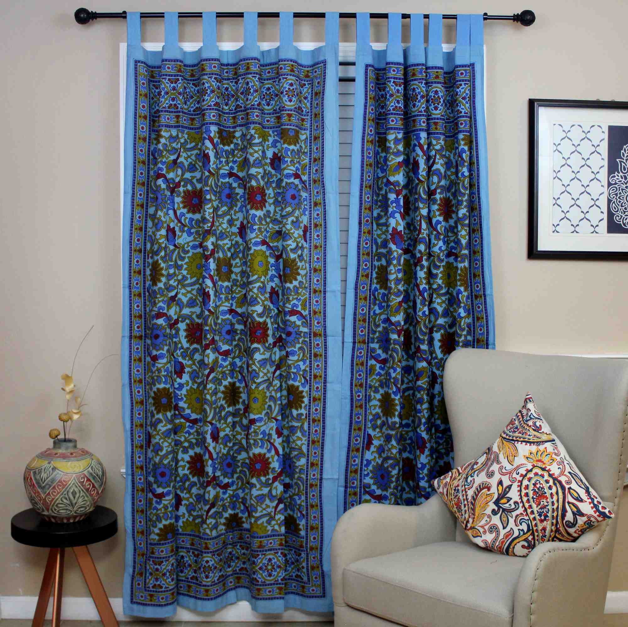 Handmade 100% Cotton Sunflower Floral Tab Top Curtain Drape Door Panel Sky Blue - Sweet Us