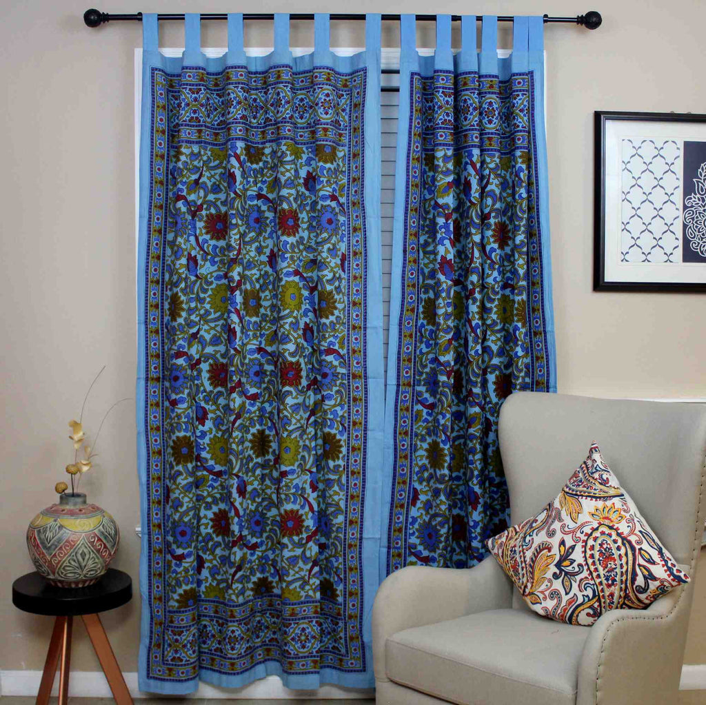 Handmade 100% Cotton Sunflower Floral Tab Top Curtain Drape Door Panel Sky Blue - Sweet Us