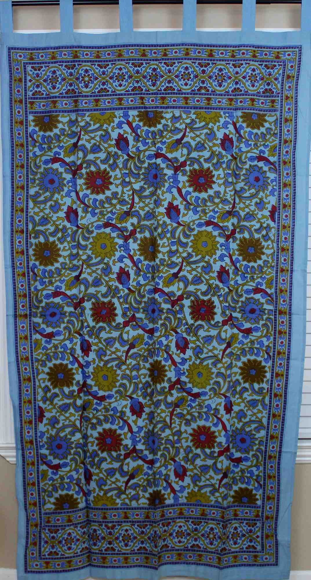 Handmade 100% Cotton Sunflower Floral Tab Top Curtain Drape Door Panel Sky Blue - Sweet Us