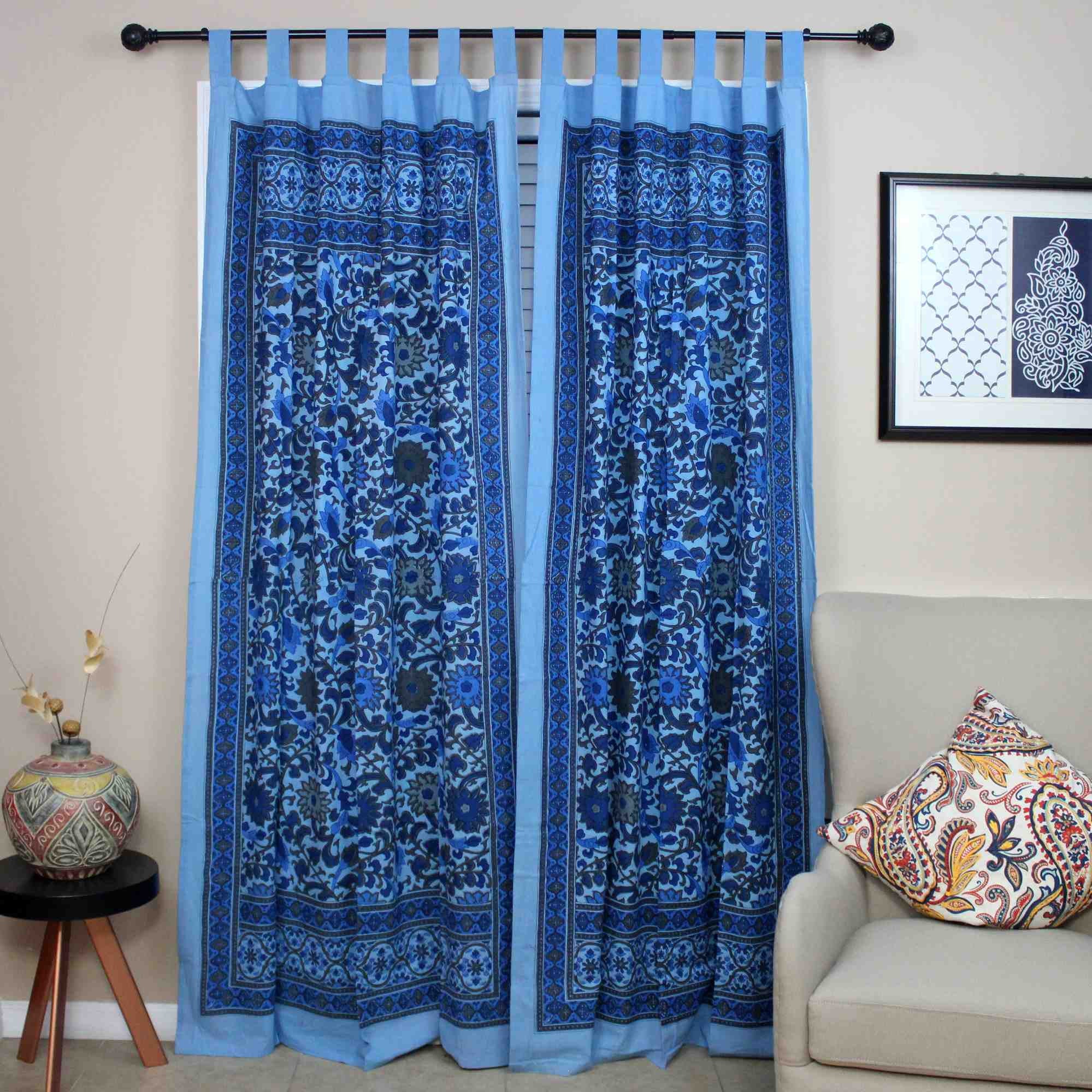 Handmade 100% Cotton Sunflower Tab Top Curtain Drape Panel Gray Blue - Sweet Us