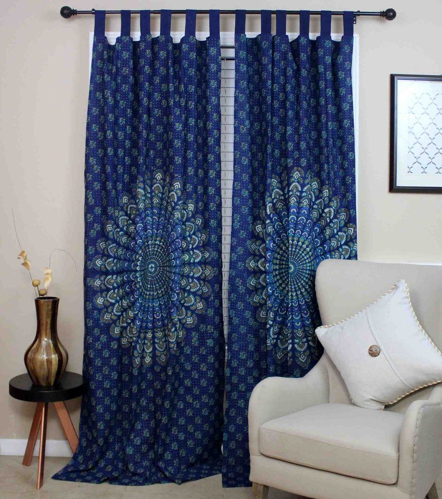 Handmade Sanganer Peacock 100% Cotton Tab Top Curtain Drape Panel 44x88 Blues - Sweet Us