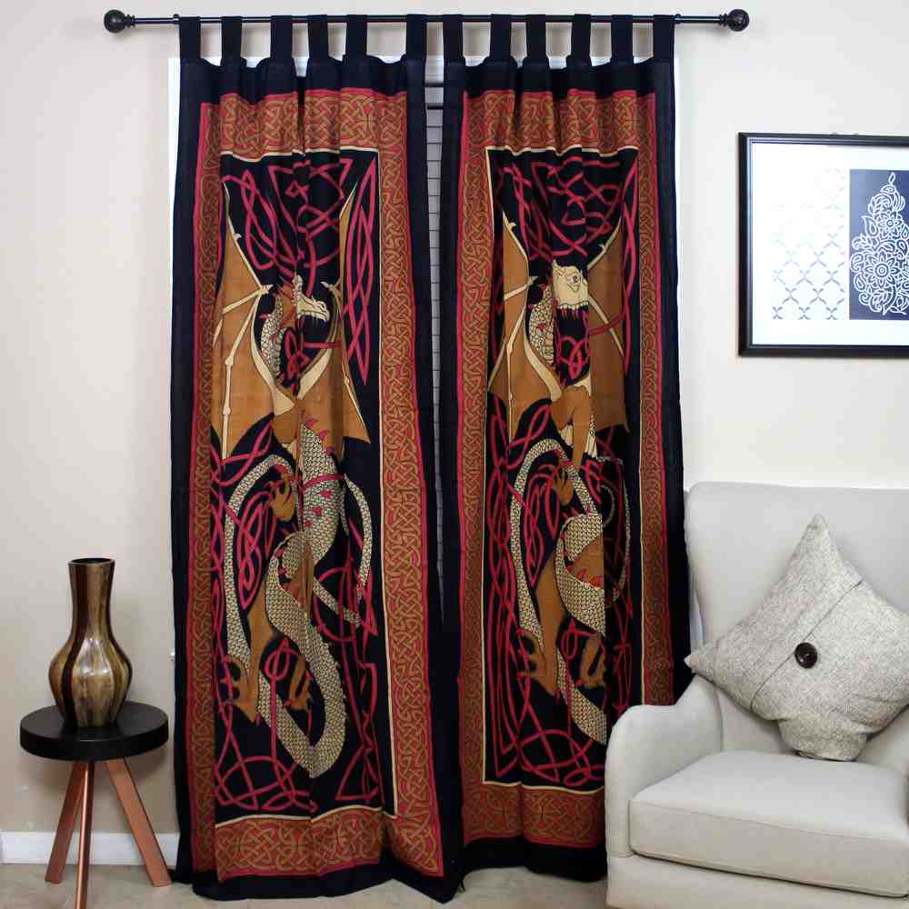 Celtic Dragon Tab Top Cotton Curtain Drape Panel Blue Red Green 44x88 inches - Sweet Us