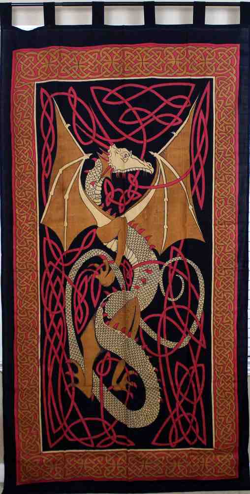 Celtic Dragon Tab Top Cotton Curtain Drape Panel Blue Red Green 44x88 inches - Sweet Us