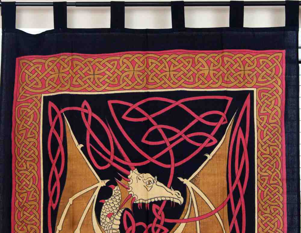 Celtic Dragon Tab Top Cotton Curtain Drape Panel Blue Red Green 44x88 inches - Sweet Us