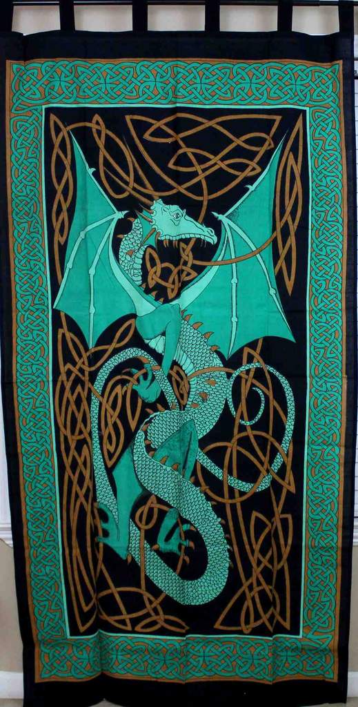 Celtic Dragon Tab Top Cotton Curtain Drape Panel Blue Red Green 44x88 inches - Sweet Us