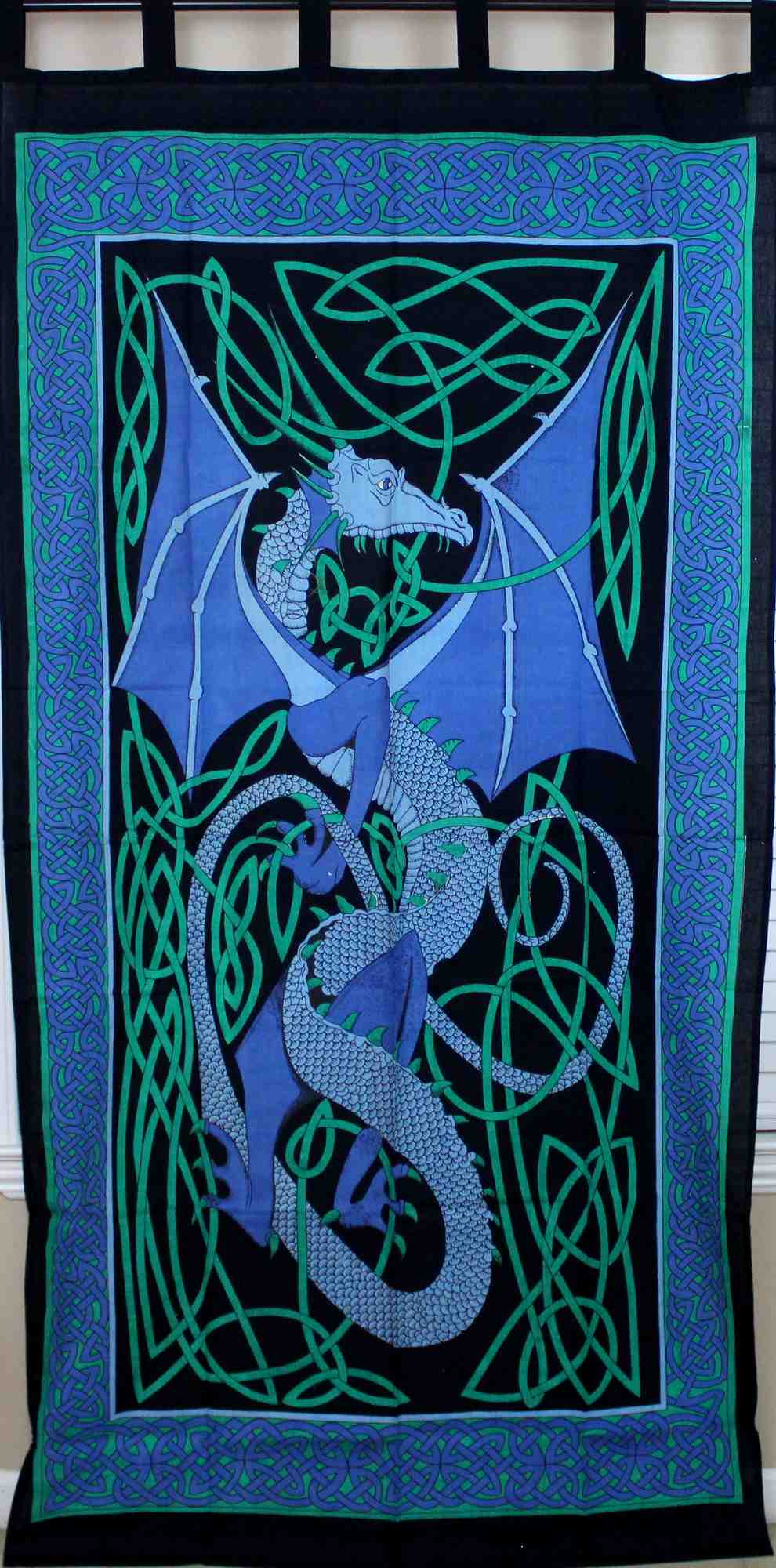 Celtic Dragon Tab Top Cotton Curtain Drape Panel Blue Red Green 44x88 inches - Sweet Us