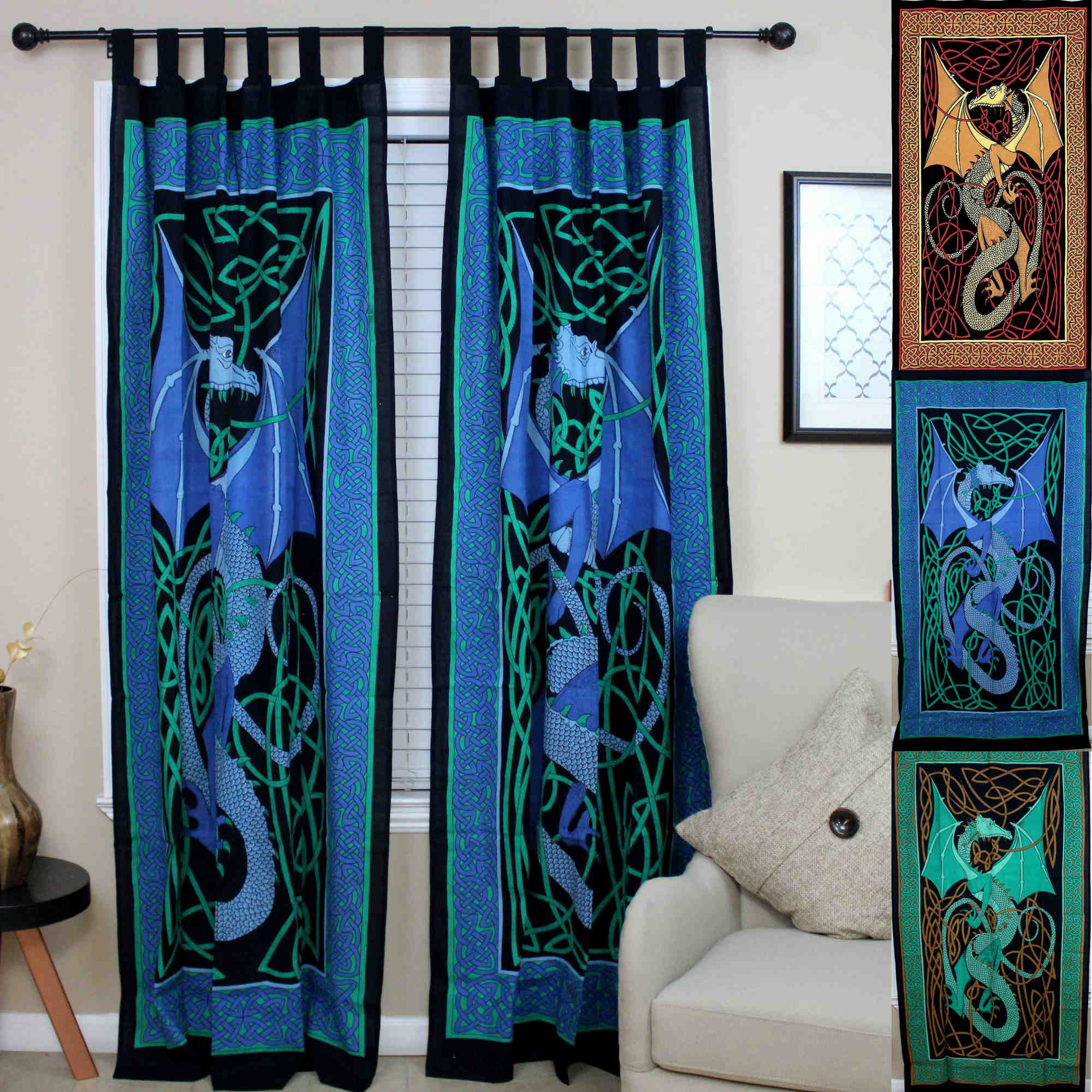 Celtic Dragon Tab Top Cotton Curtain Drape Panel Blue Red Green 44x88 inches - Sweet Us