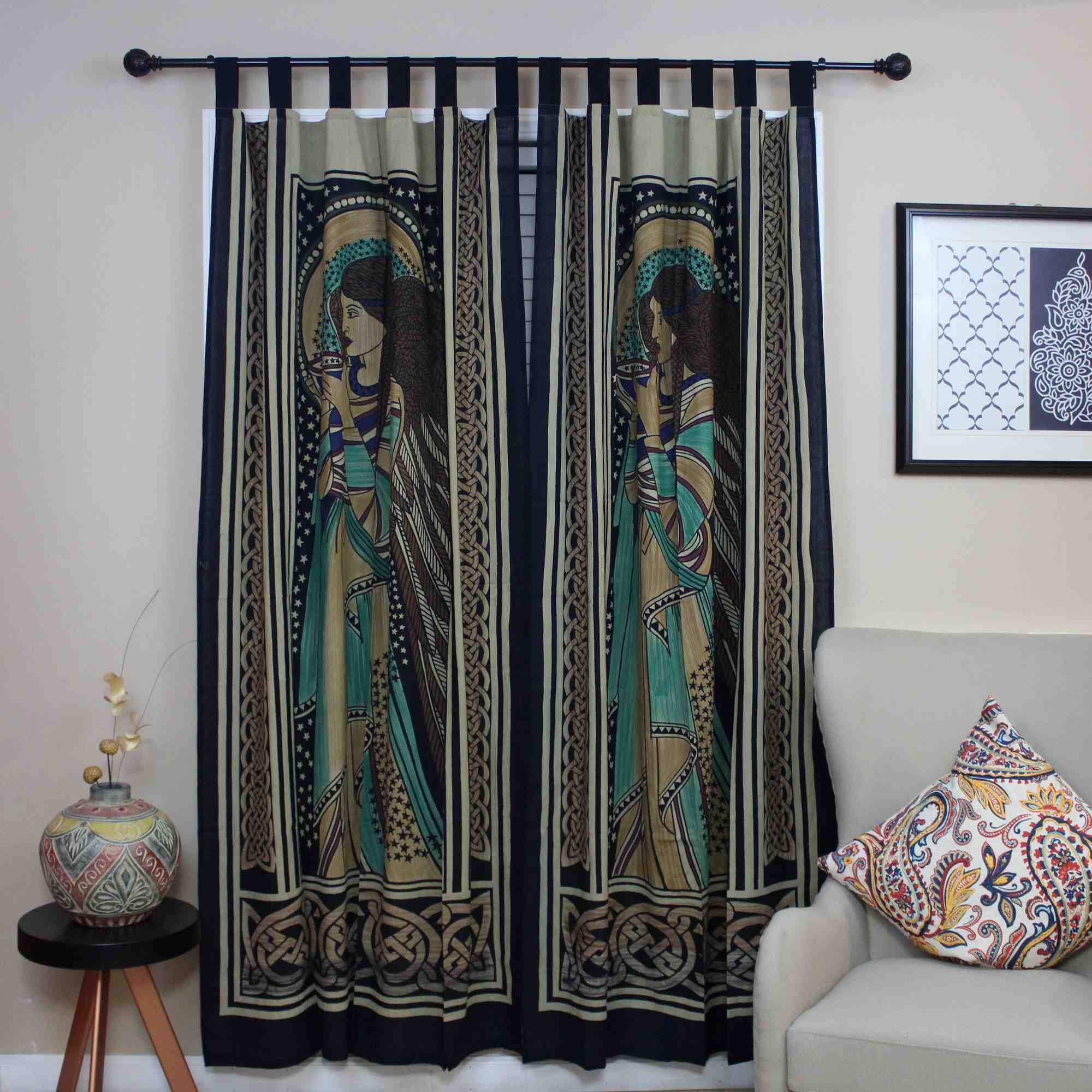 Handmade Celtic Peace Angel Cotton Tab Top Curtain Drape Panel 44x88 inches - Sweet Us