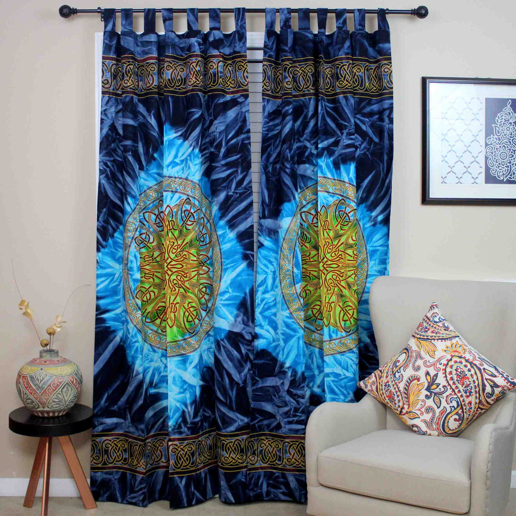 Handmade 100% Cotton Celtic Wheel of Life Batik Curtain Drape Panel Blue 44x88 - Sweet Us