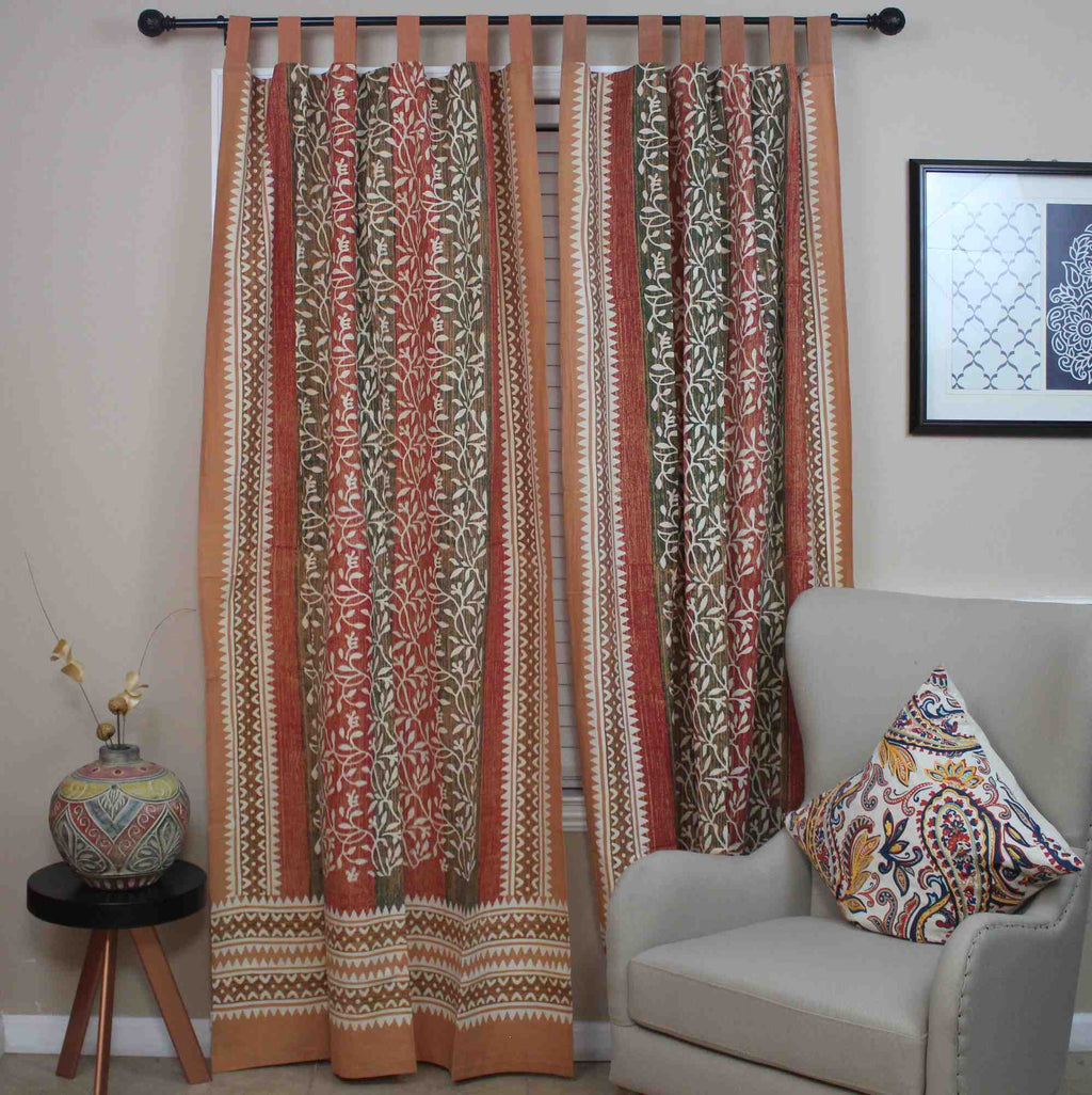 Handmade 100% Cotton Tab Top Curtain Drape Panel Floral Vine Olive Rust 44x88 - Sweet Us