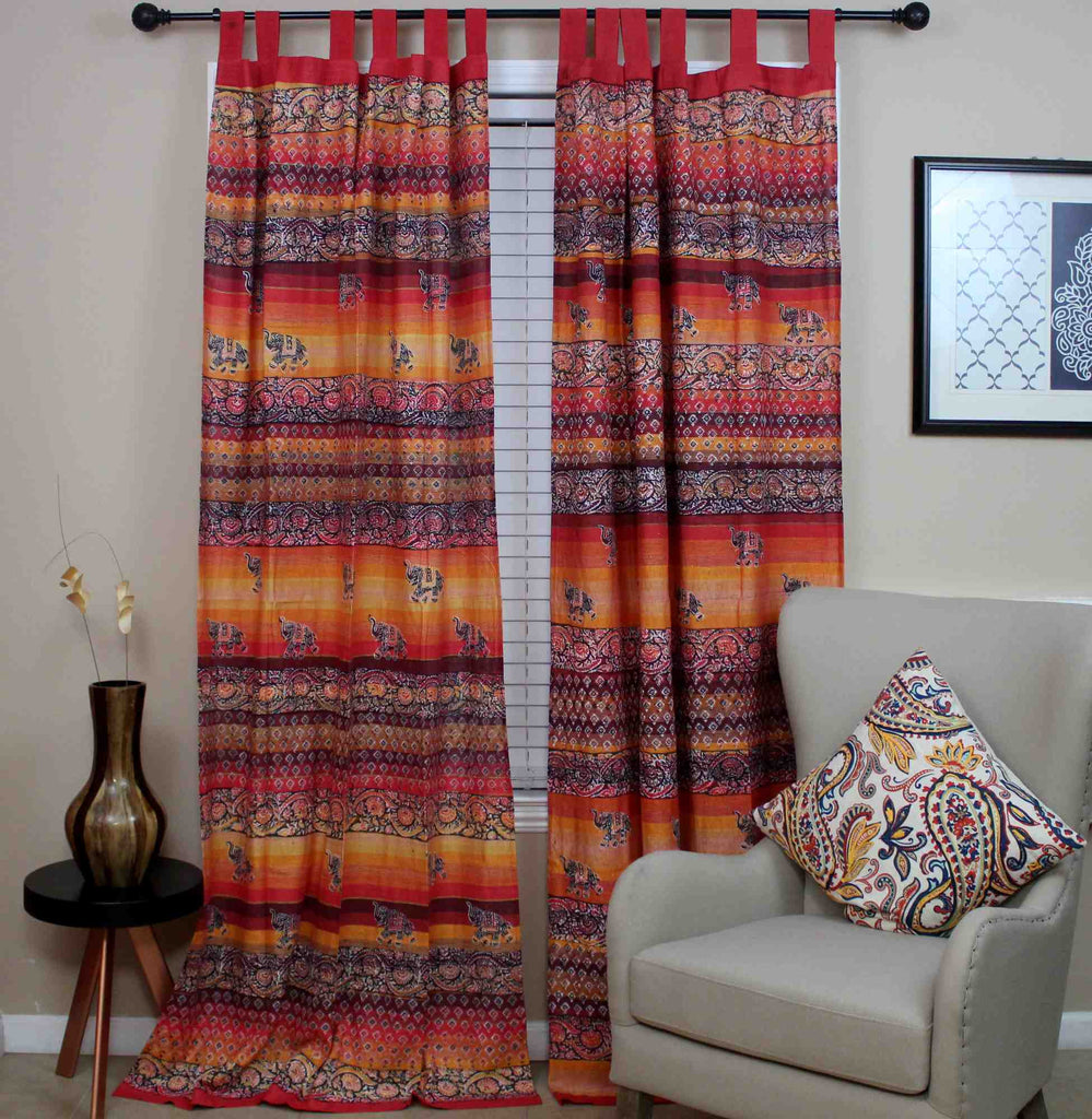 Unique Handmade Tab Top Curtain 100% Cotton Drape Panel Good Luck Elephant Print - Sweet Us