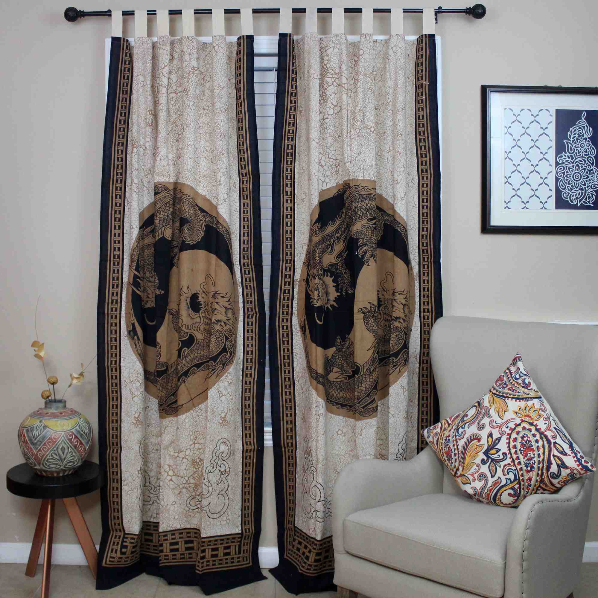 Handmade Celtic Yin Yang 100% Cotton Tab Top Curtain Drape Panel Gold 44x88 - Sweet Us