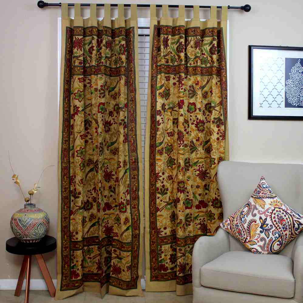 Handmade 100% Cotton Birds of Paradise Tab Top Curtain Drape Panel Mustard 44x88 - Sweet Us
