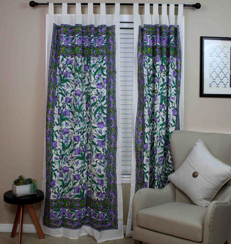 Handmade 100% Cotton French Floral Tab Top Curtain Drape Door Panel Blue Violet - Sweet Us
