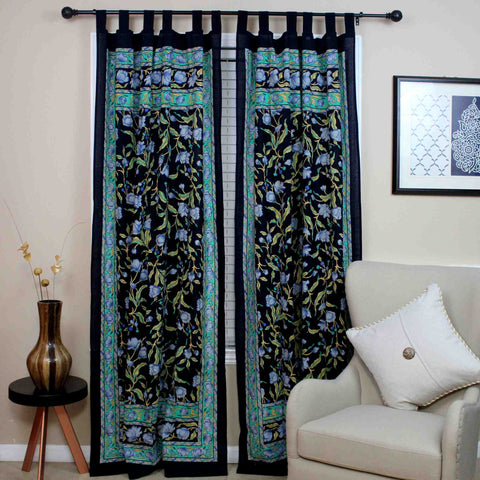 Handmade French Floral Tab Top Curtain 100% Cotton Drape Door Panel Black Blue - Sweet Us