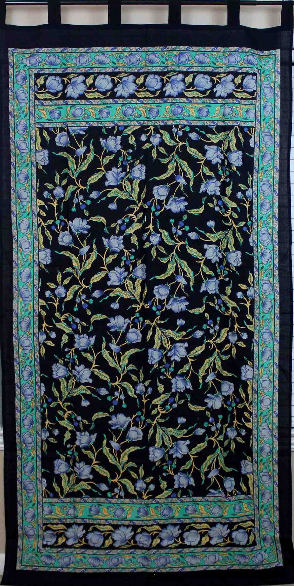 Handmade French Floral Tab Top Curtain 100% Cotton Drape Door Panel Black Blue - Sweet Us