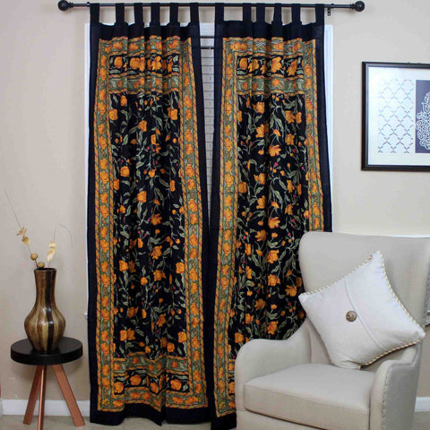 Handmade French Floral Tab Top Curtain 100% Cotton Drape Door Panel Black Amber - Sweet Us