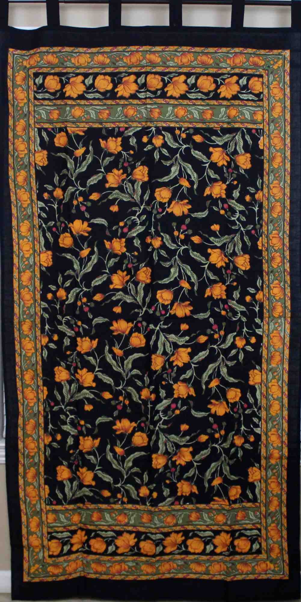 Handmade French Floral Tab Top Curtain 100% Cotton Drape Door Panel Black Amber - Sweet Us
