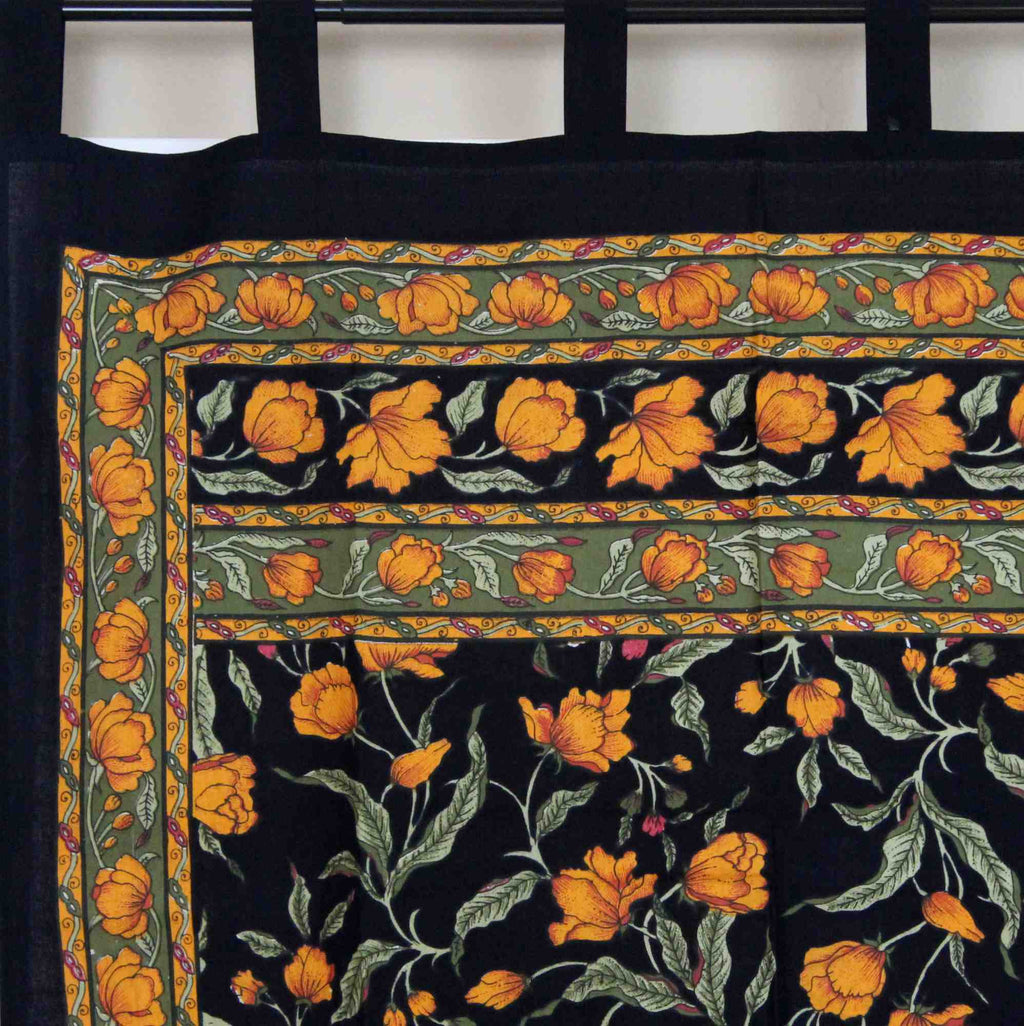 Handmade French Floral Tab Top Curtain 100% Cotton Drape Door Panel Black Amber - Sweet Us