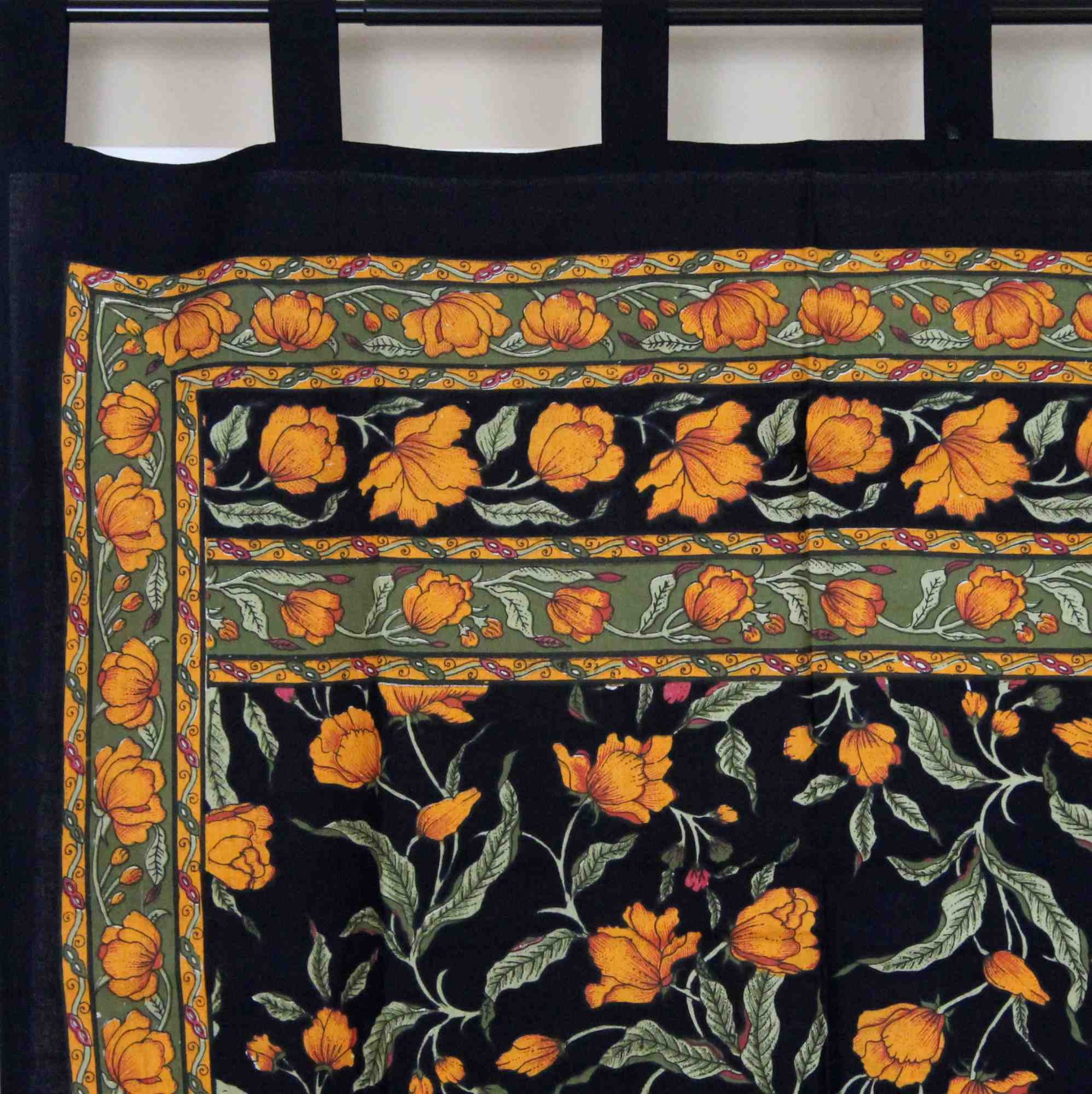 Handmade French Floral Tab Top Curtain 100% Cotton Drape Door Panel Black Amber - Sweet Us