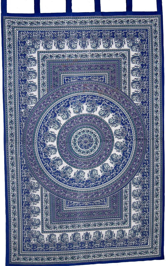 Handmade Paisley Mandala 100% Cotton Tab Top Curtain Panel 44" x 88" Blue - Sweet Us