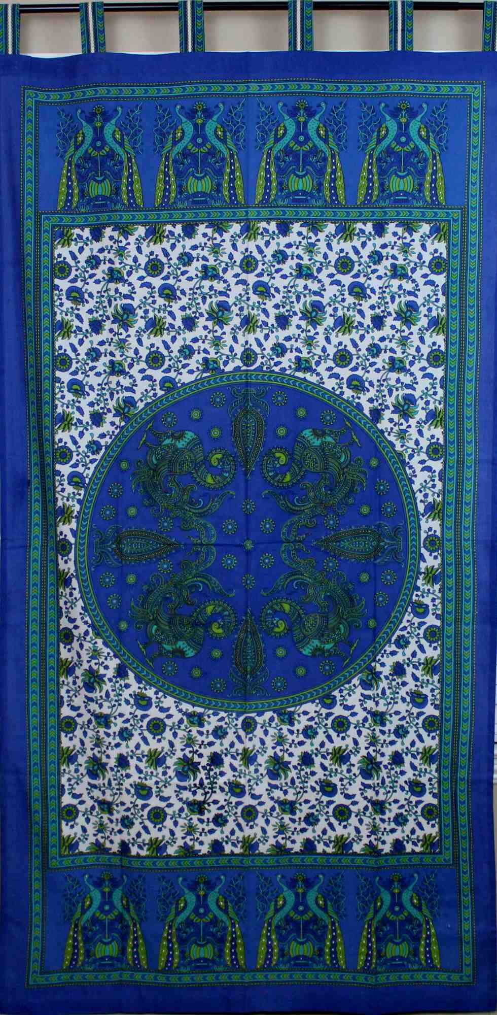 Handmade Peacock Floral Tab Top Curtain Cotton Panel Drape Blue 44 x 88 inches - Sweet Us