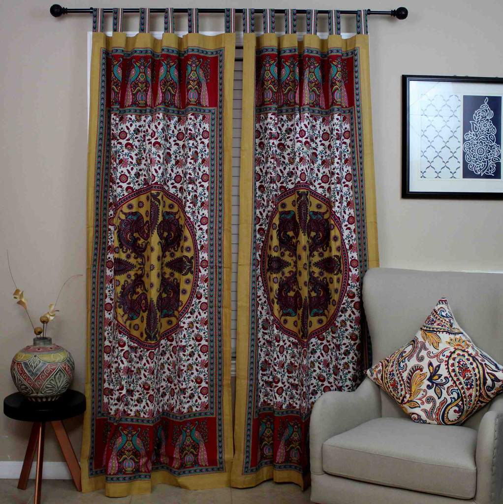Peacock Floral Tab Top Curtain Cotton Panel Drape Blue Green Red Tan White 44x88