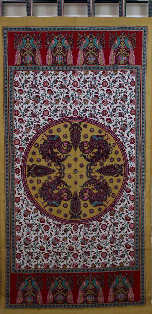 Peacock Floral Tab Top Curtain Cotton Panel Drape Blue Green Red Tan White 44x88