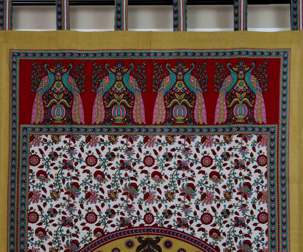 Peacock Floral Tab Top Curtain Cotton Panel Drape Blue Green Red Tan White 44x88