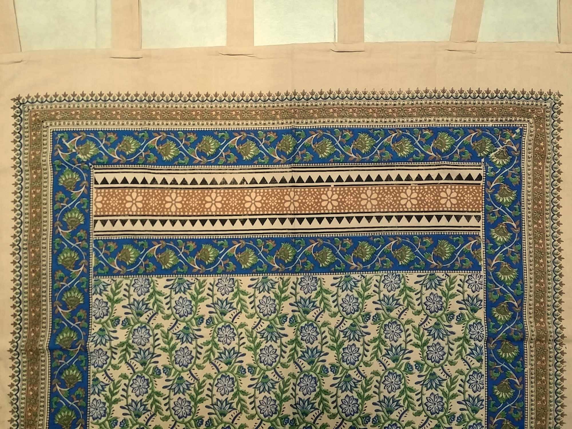 Handmade Floral Block Print Tab Top 100% Cotton Curtain Drape Panel 44x88 Blue - Sweet Us