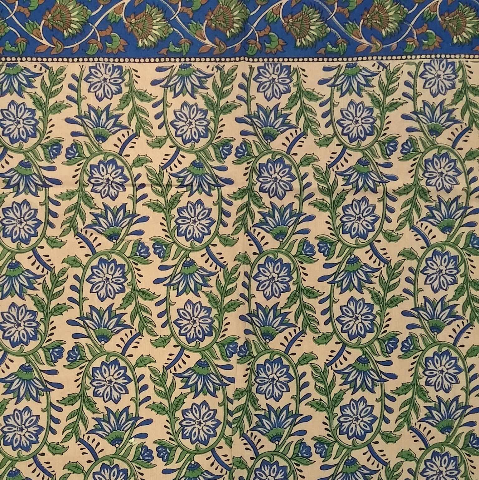 Handmade Floral Block Print Tab Top 100% Cotton Curtain Drape Panel 44x88 Blue - Sweet Us