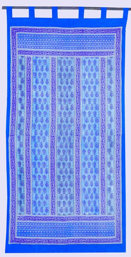 Handmade Floral Vine Striped 100% Cotton Tab Top Curtain Drape Panel Blue 44x88 - Sweet Us