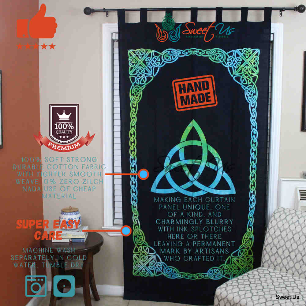 Celtic Triquetra Cotton Panel Living Room Curtain, Emerald Nightfall