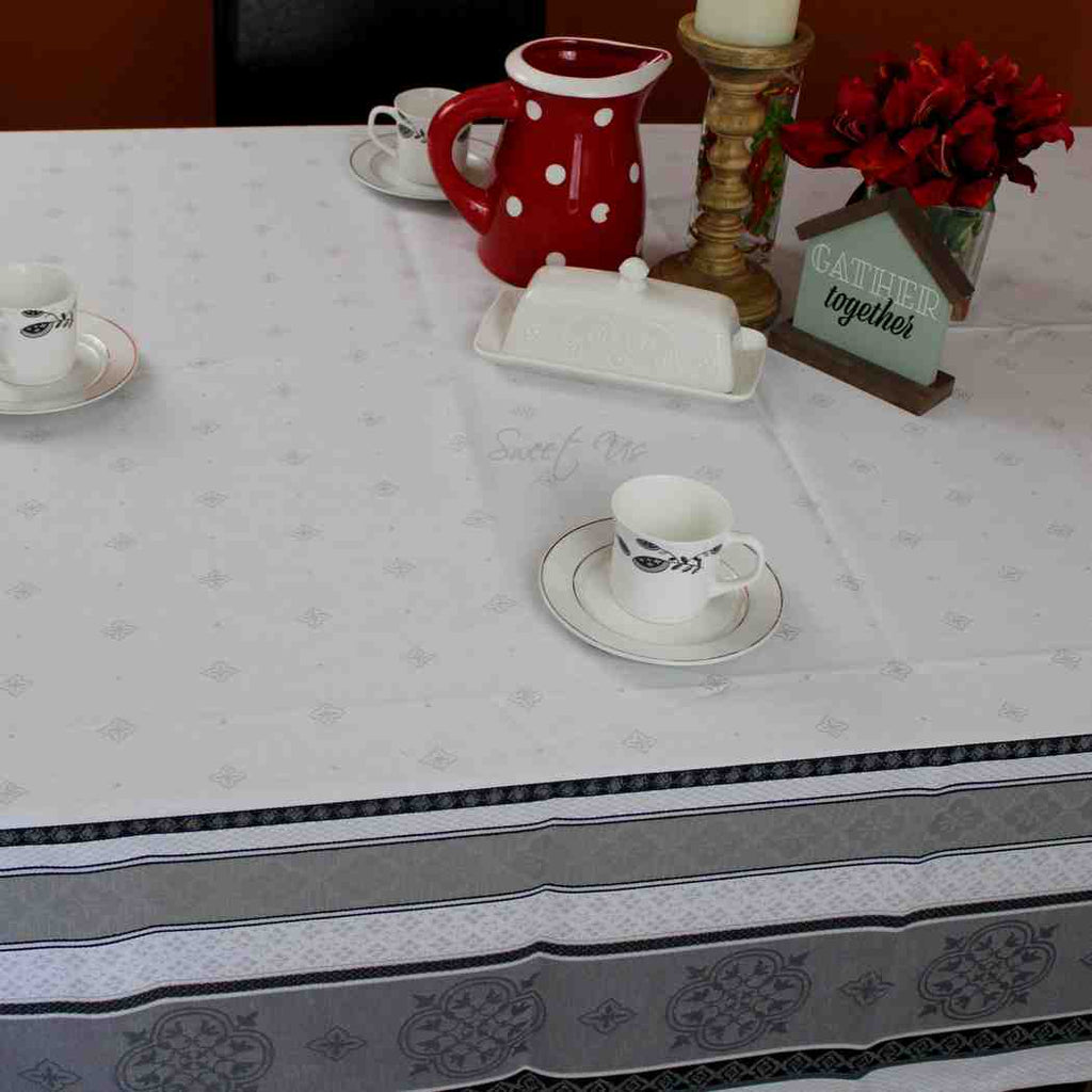 Wipeable Spill Resistant French Floral Cotton Jacquard Tablecloth, Ecru Ash