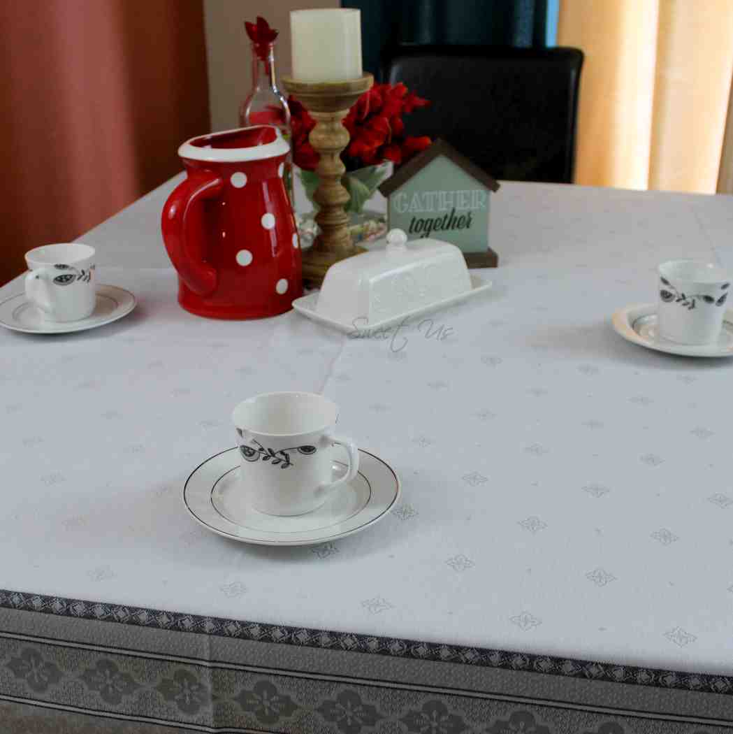 Wipeable Spill Resistant French Floral Cotton Jacquard Tablecloth, Ecru Ash