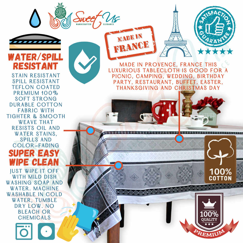 Wipeable Spill Resistant French Floral Cotton Jacquard Tablecloth, Ecru Ash