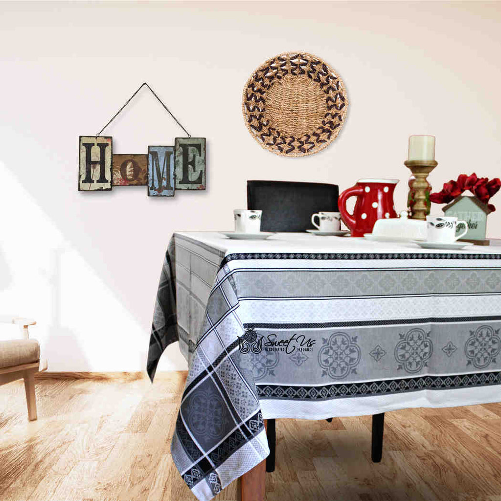 Wipeable Spill Resistant French Floral Cotton Jacquard Tablecloth, Ecru Ash