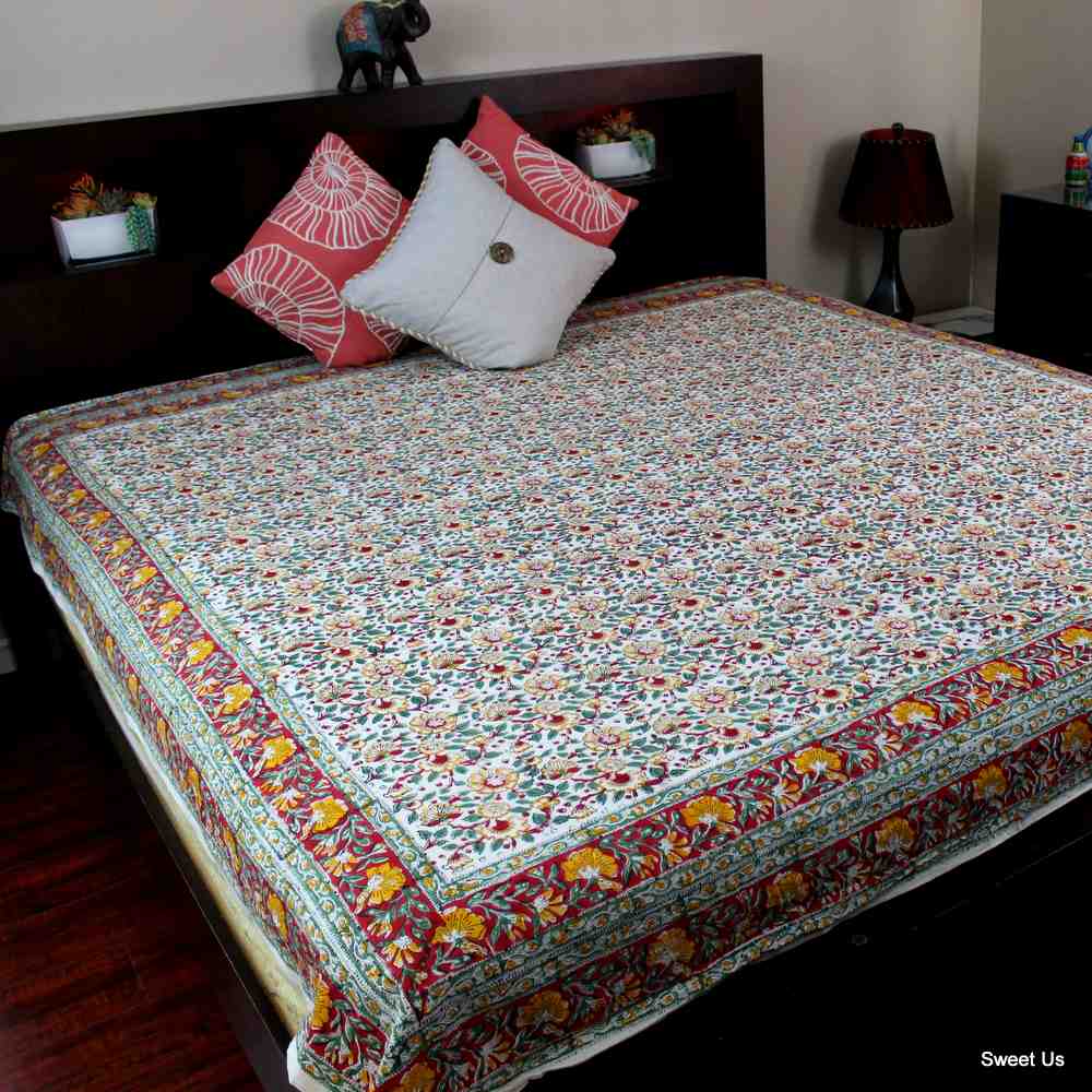 Cotton Reversible Block Print Duvet Cover Floral Full Queen Red Green Yellow Blue