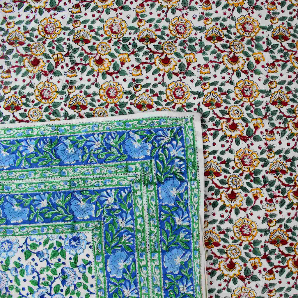 Cotton Reversible Block Print Duvet Cover Floral Full Queen Red Green Yellow Blue