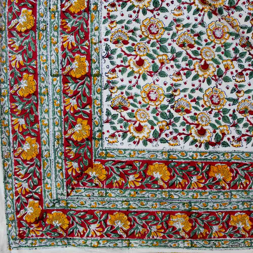 Cotton Reversible Block Print Duvet Cover Floral Full Queen Red Green Yellow Blue