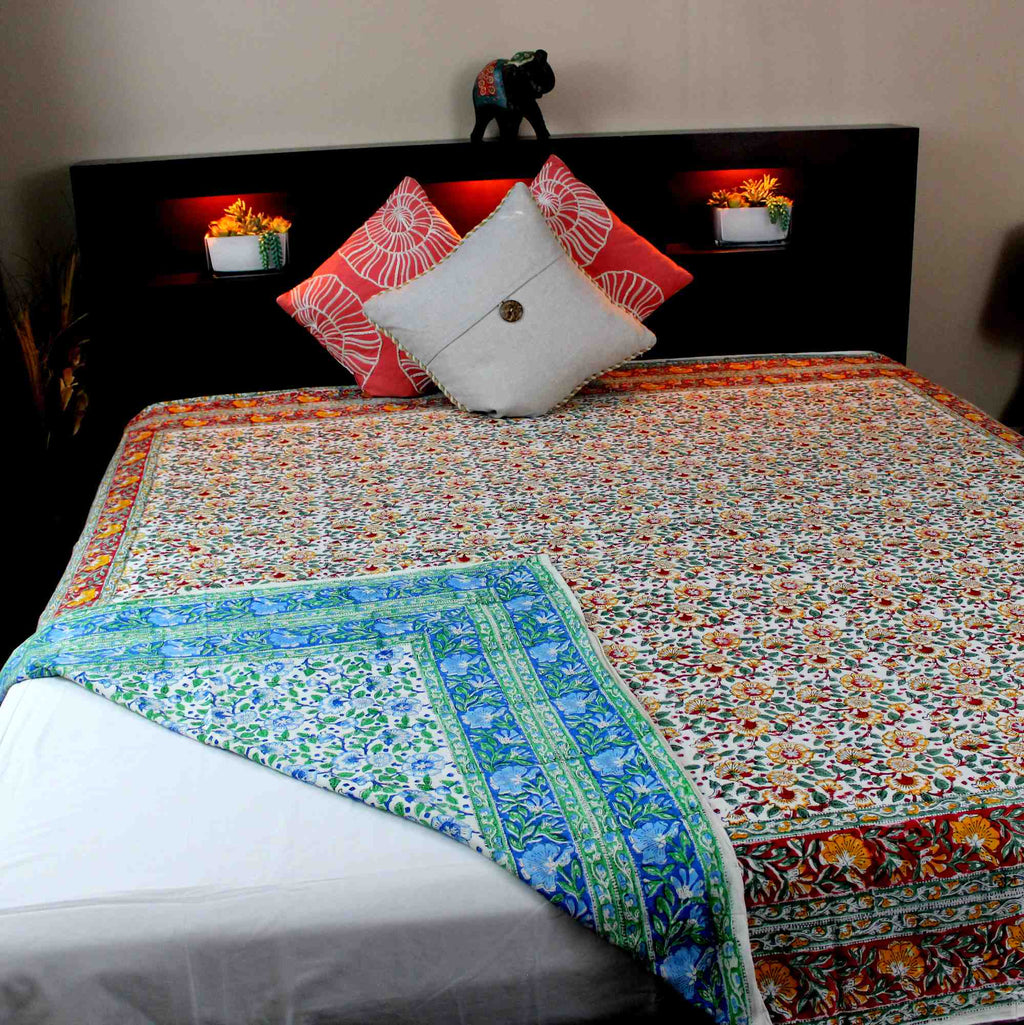 Cotton Reversible Block Print Duvet Cover Floral Full Queen Red Green Yellow Blue