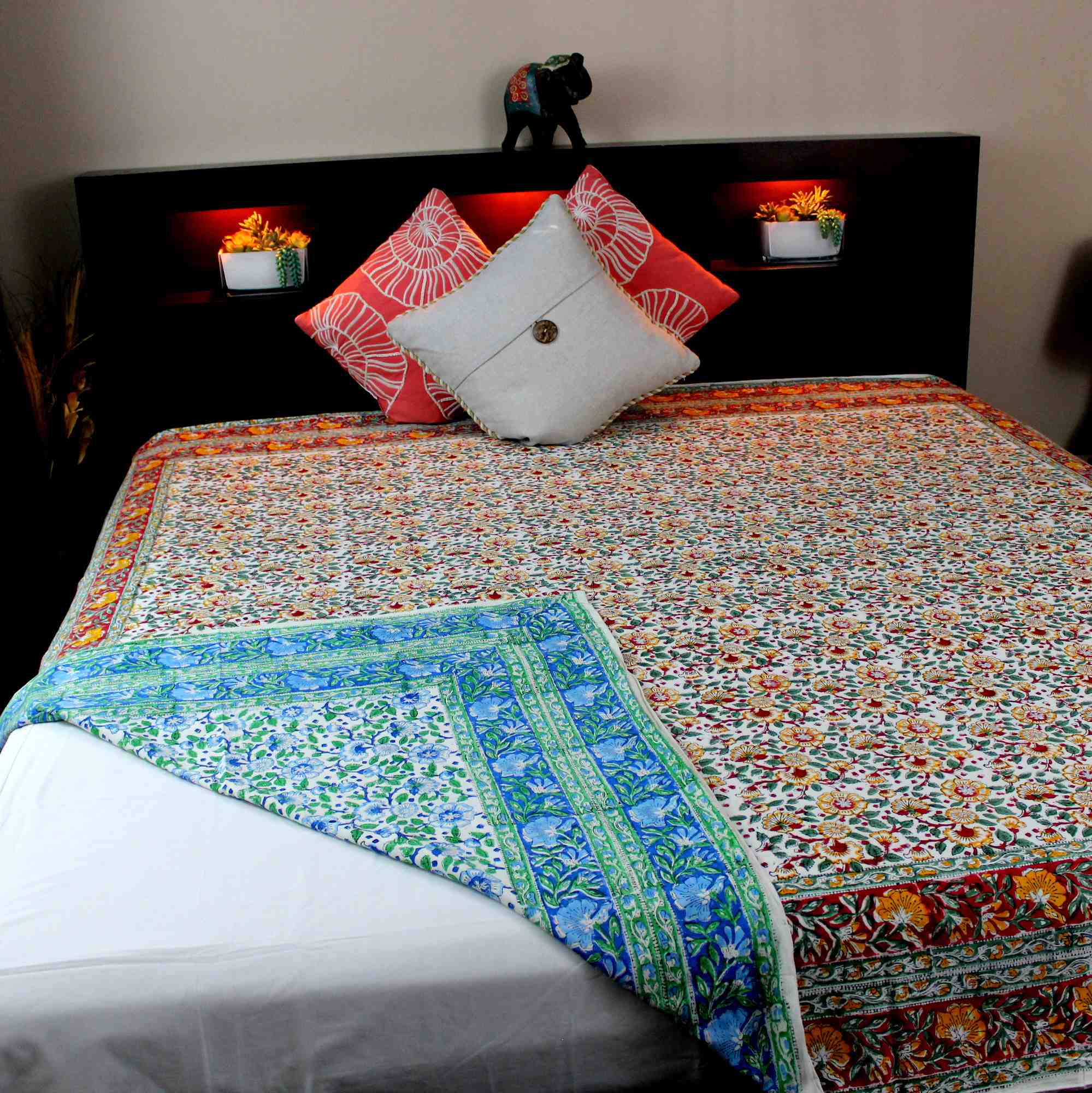 Cotton Reversible Block Print Duvet Cover Floral Full Queen Red Green Yellow Blue