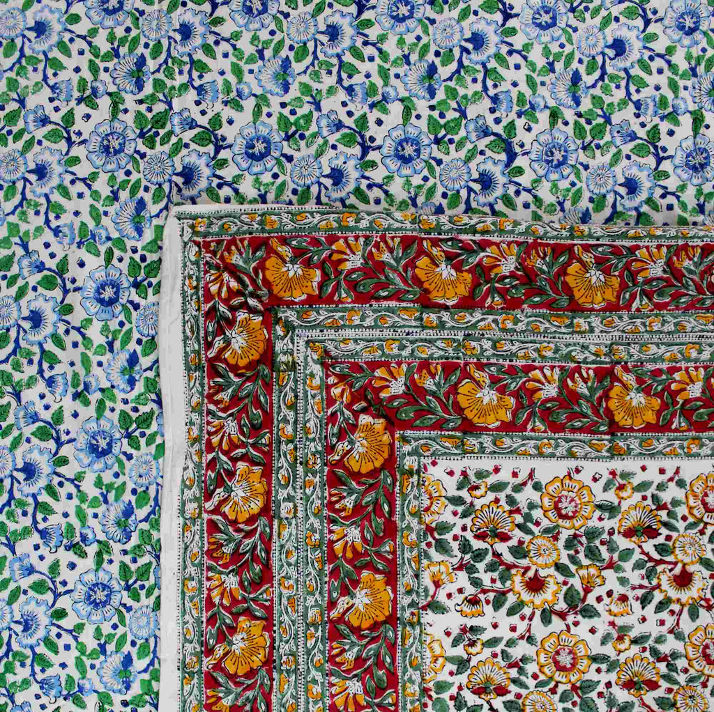 Cotton Reversible Block Print Duvet Cover Floral Full Queen Red Green Yellow Blue